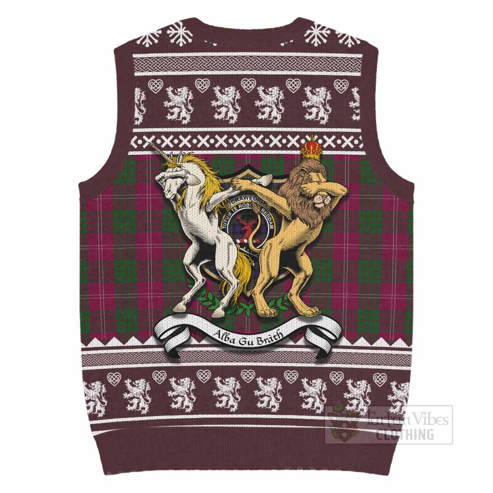 Crawford Clan Tartan Crest Christmas Knitted V-Neck Vest Coat of Arms Funny Style - Tartan Vibes Clothing