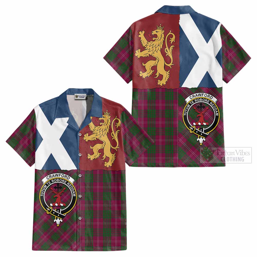 Crawford Crest Tartan Cotton Hawaiian Shirt with Lion Rampant Saltire Style - Tartan Vibes Clothing