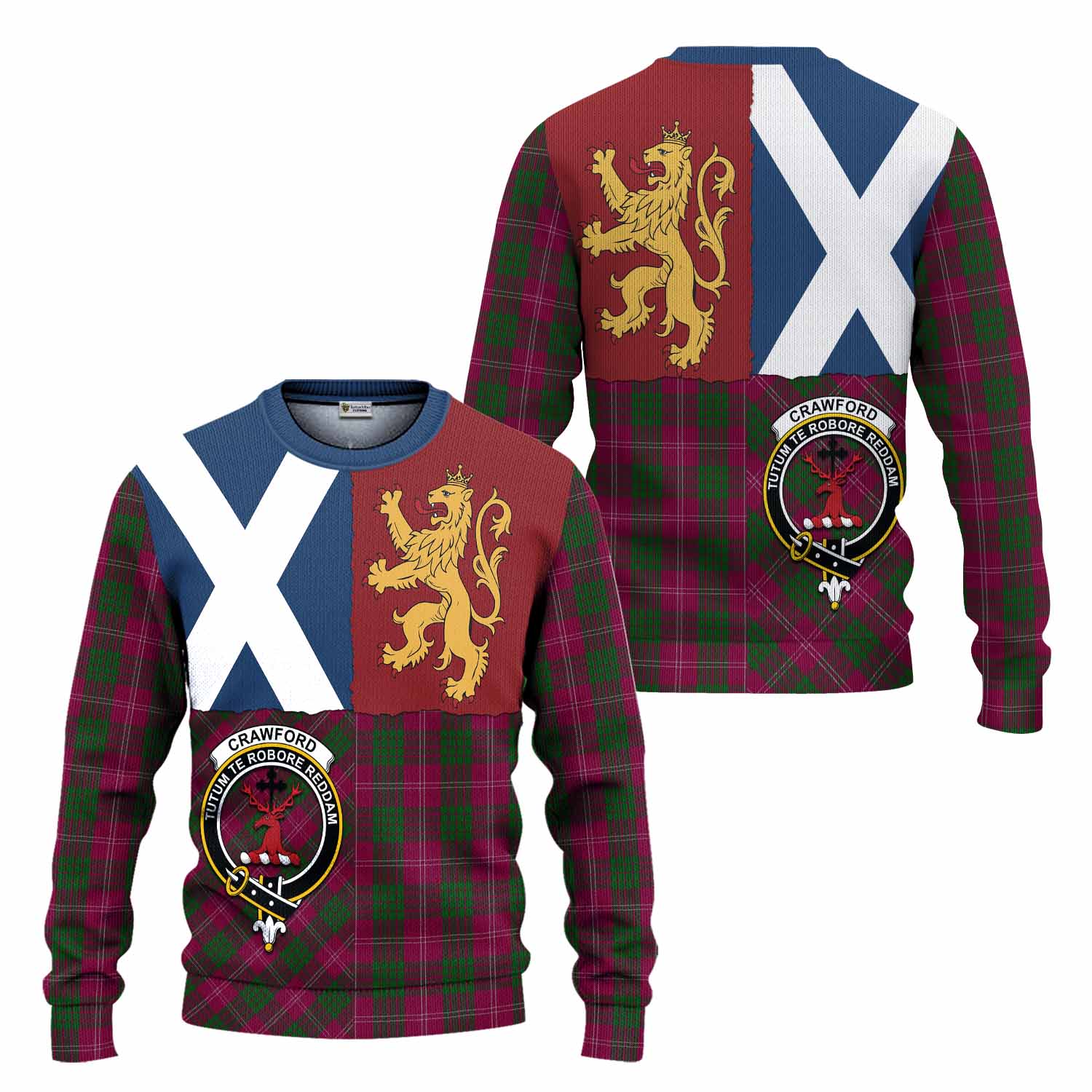 Crawford Crest Tartan Knitted Sweater with Lion Rampant Saltire Style