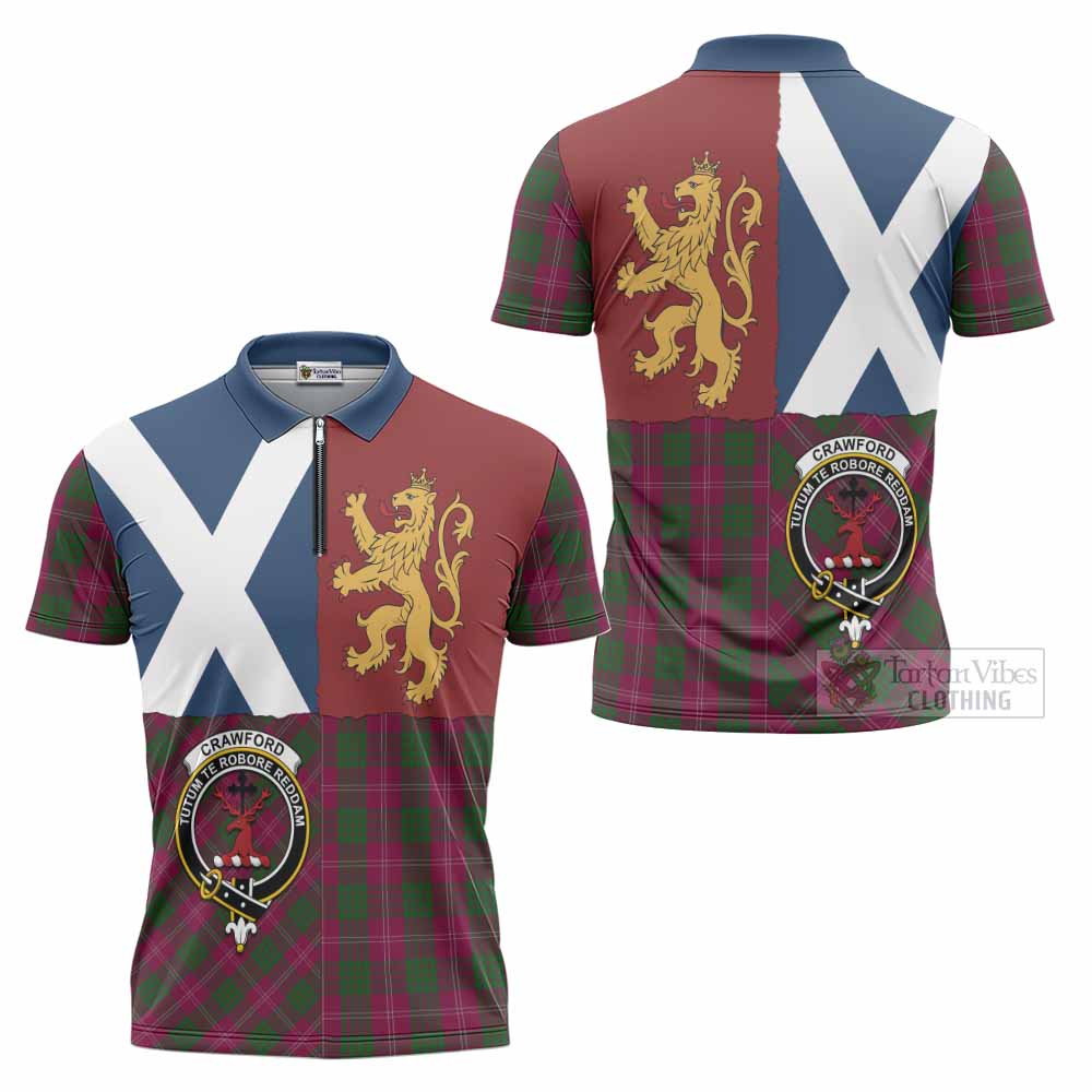 Crawford Crest Tartan Zipper Polo Shirt with Lion Rampant Saltire Style