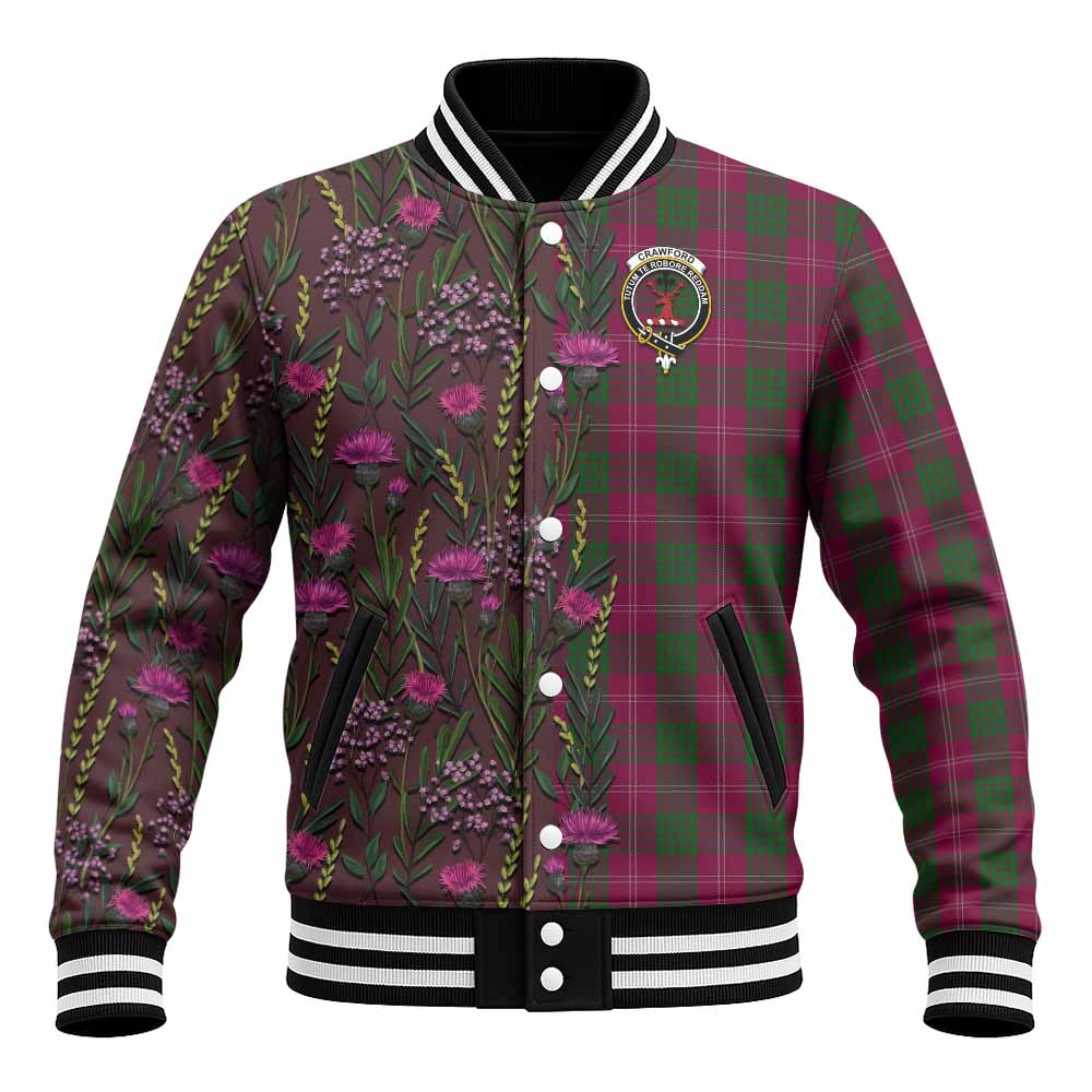 Crawford Family Crest Tartan Baseball Jacket Scottish Thistle Flower Pattern Half Style - Tartan Vibes Clothing