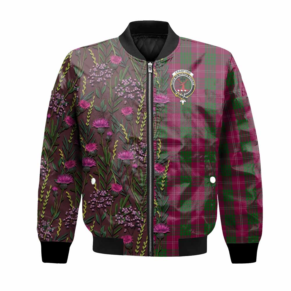 Crawford Family Crest Tartan Bomber Jacket Scottish Thistle Flower Pattern Half Style - Tartan Vibes Clothing