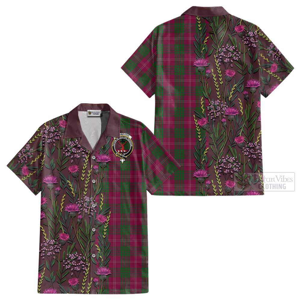 Crawford Family Crest Tartan Cotton Hawaiian Shirt Scottish Thistle Flower Pattern Half Style - Tartan Vibes Clothing