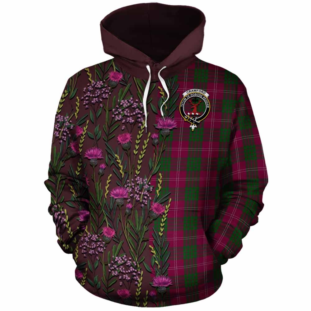 Crawford Family Crest Tartan Cotton Hoodie Scottish Thistle Flower Pattern Half Style - Tartan Vibes Clothing