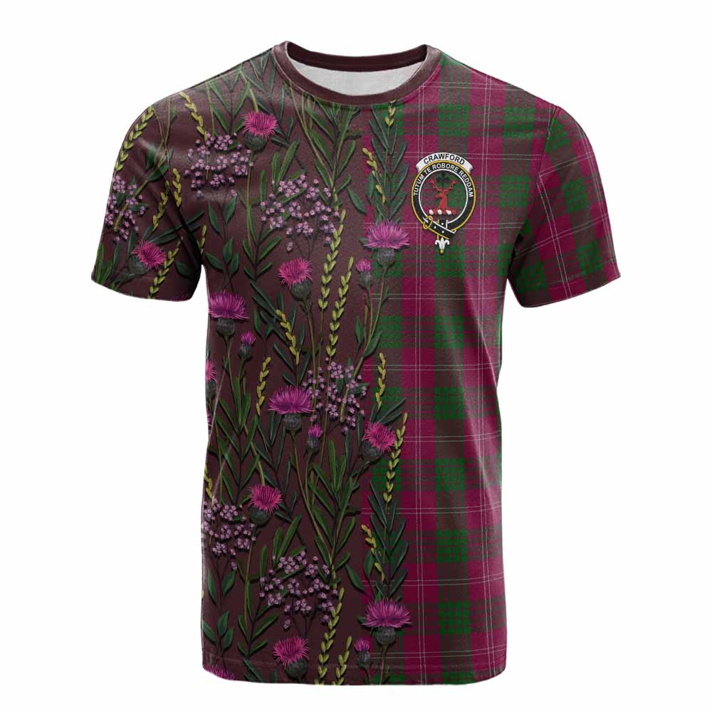 Crawford Family Crest Tartan Cotton T-shirt Scottish Thistle Flower Pattern Half Style - Tartan Vibes Clothing