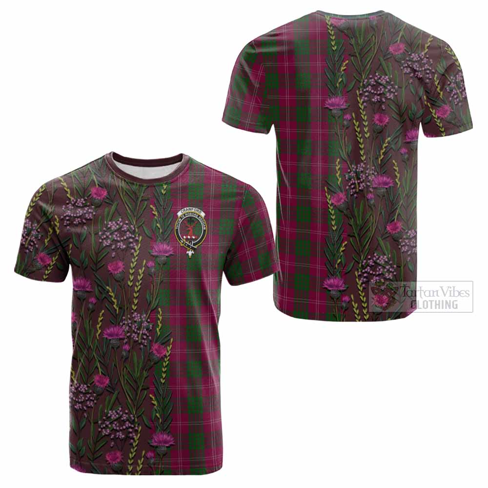 Crawford Family Crest Tartan Cotton T-shirt Scottish Thistle Flower Pattern Half Style - Tartan Vibes Clothing