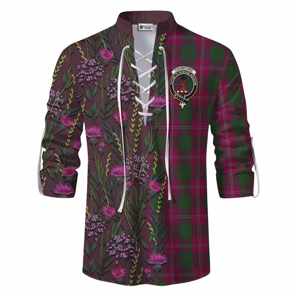 Crawford Family Crest Tartan Ghillie Shirt Scottish Thistle Flower Pattern Half Style - Tartan Vibes Clothing