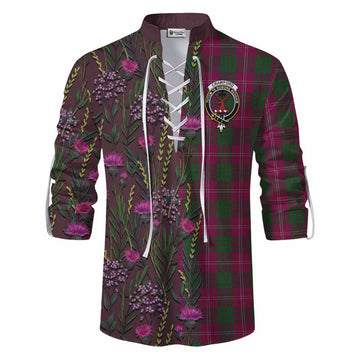 Crawford Family Crest Tartan Ghillie Shirt Scottish Thistle Flower Pattern Half Style - Tartan Vibes Clothing