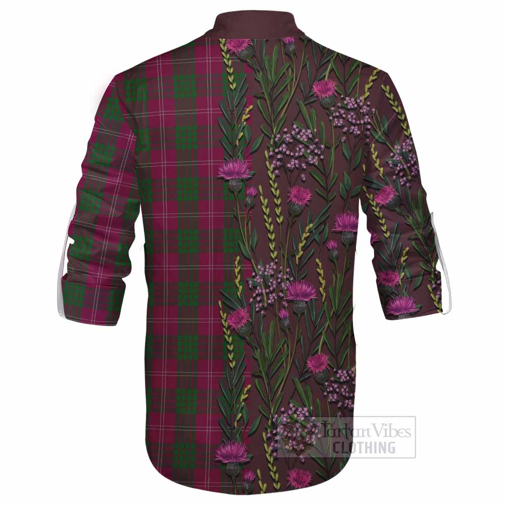 Crawford Family Crest Tartan Ghillie Shirt Scottish Thistle Flower Pattern Half Style - Tartan Vibes Clothing