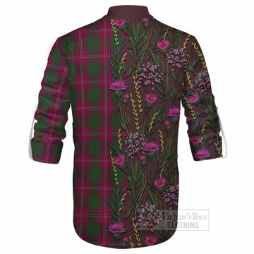 Crawford Family Crest Tartan Ghillie Shirt Scottish Thistle Flower Pattern Half Style - Tartan Vibes Clothing