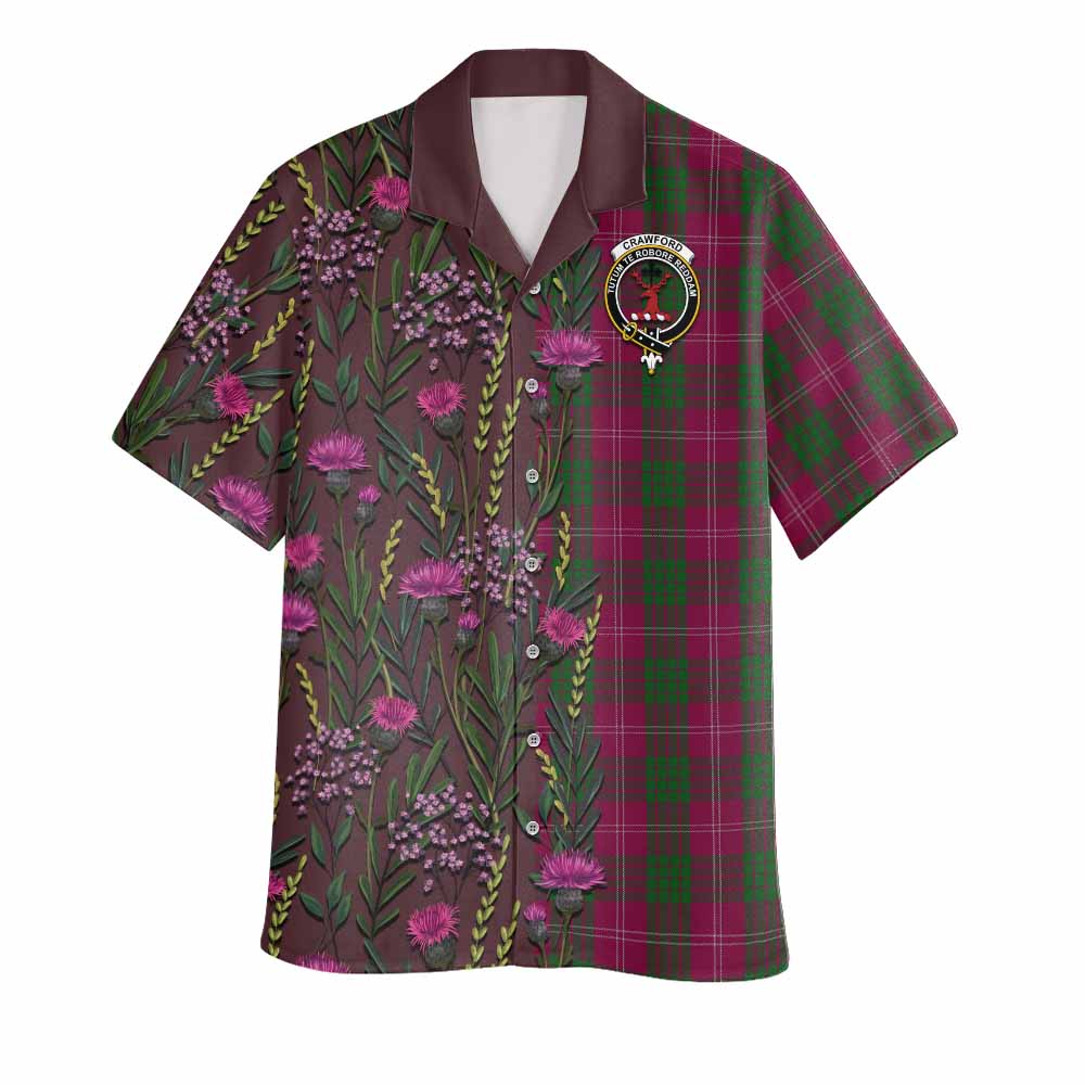 Crawford Family Crest Tartan Hawaiian Shirt Scottish Thistle Flower Pattern Half Style - Tartan Vibes Clothing