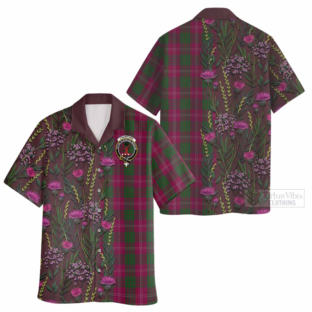 Crawford Family Crest Tartan Hawaiian Shirt Scottish Thistle Flower Pattern Half Style - Tartan Vibes Clothing