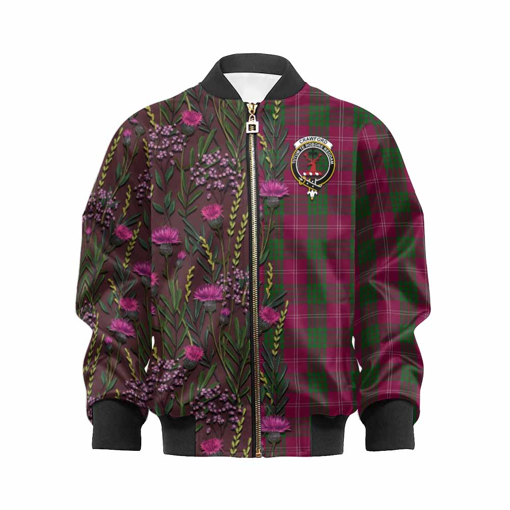 Crawford Family Crest Tartan Kid Bomber Jacket Scottish Thistle Flower Pattern Half Style - Tartan Vibes Clothing