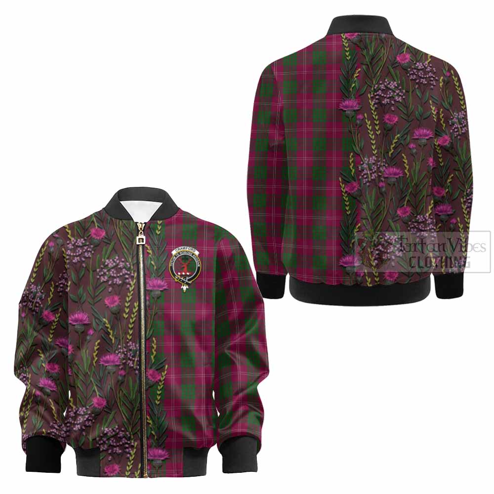 Crawford Family Crest Tartan Kid Bomber Jacket Scottish Thistle Flower Pattern Half Style - Tartan Vibes Clothing