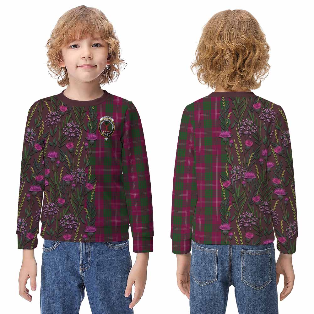 Crawford Family Crest Tartan Kid Knitted Sweatshirt Scottish Thistle Flower Pattern Half Style - Tartan Vibes Clothing