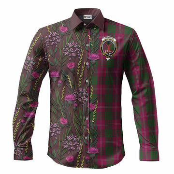 Crawford Family Crest Tartan Long Sleeve Button Shirts Scottish Thistle Flower Pattern Half Style