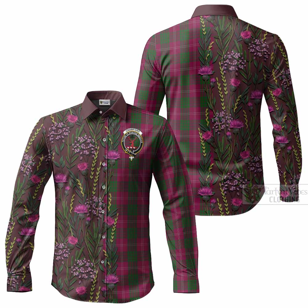 Crawford Family Crest Tartan Long Sleeve Button Shirts Scottish Thistle Flower Pattern Half Style - Tartan Vibes Clothing