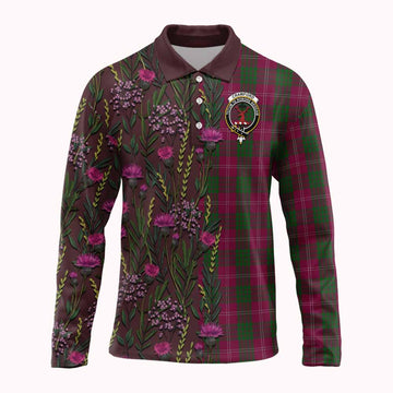 Crawford Family Crest Tartan Long Sleeve Polo Shirt Scottish Thistle Flower Pattern Half Style