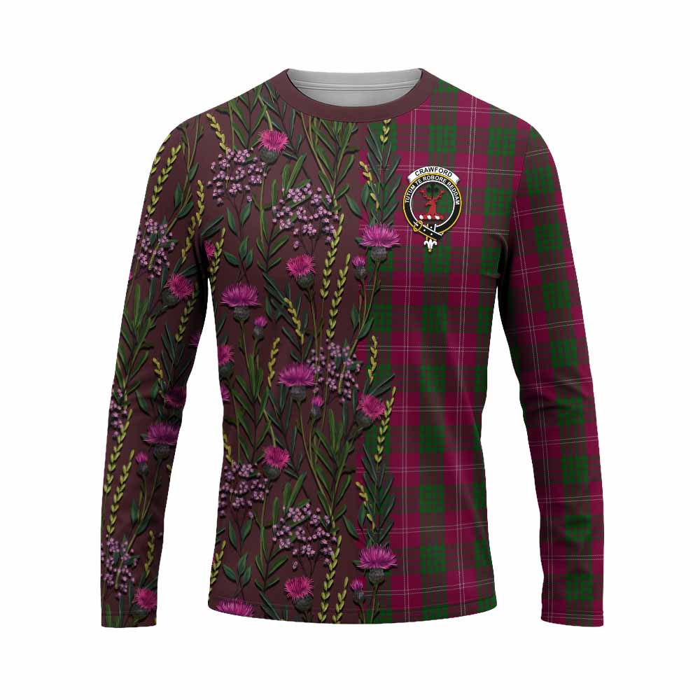 Crawford Family Crest Tartan Long Sleeve T-Shirt Scottish Thistle Flower Pattern Half Style - Tartan Vibes Clothing