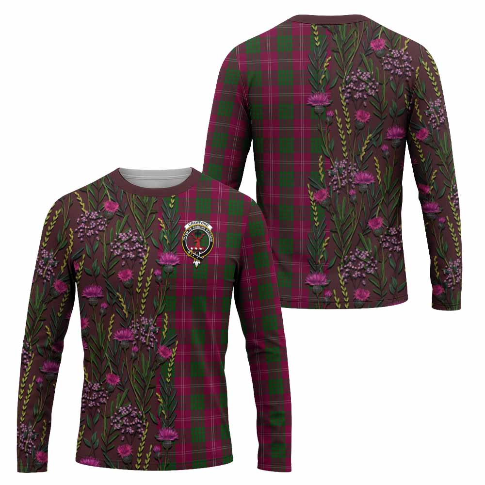 Crawford Family Crest Tartan Long Sleeve T-Shirt Scottish Thistle Flower Pattern Half Style - Tartan Vibes Clothing