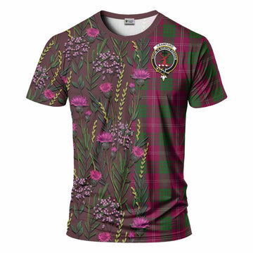 Crawford Family Crest Tartan T-Shirt Scottish Thistle Flower Pattern Half Style
