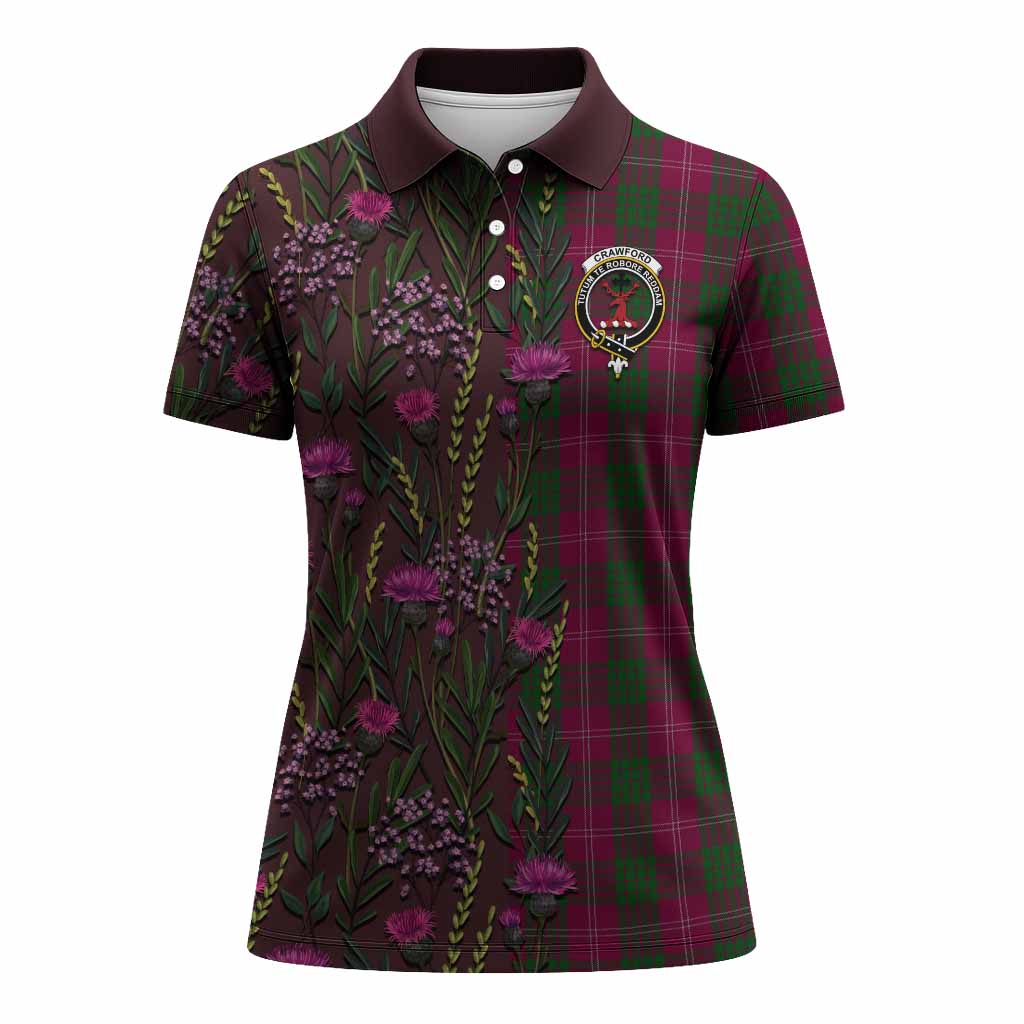 Crawford Family Crest Tartan Women Polo Shirt Scottish Thistle Flower Pattern Half Style - Tartan Vibes Clothing