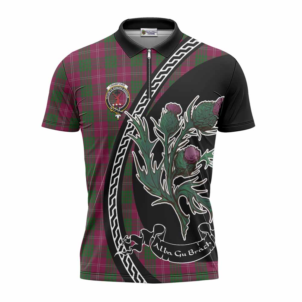 Crawford Family Crest Tartan Zipper Polo Shirt Alba Thistle Inspired - Tartan Vibes Clothing