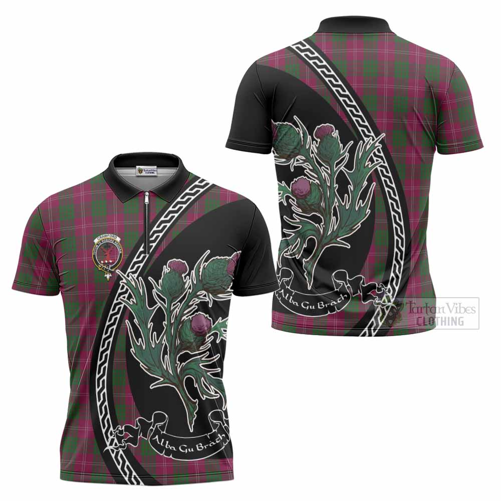 Crawford Family Crest Tartan Zipper Polo Shirt Alba Thistle Inspired - Tartan Vibes Clothing