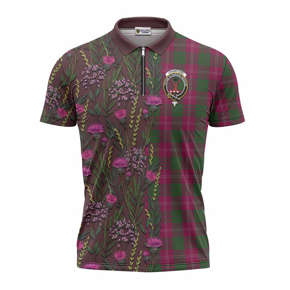 Crawford Family Crest Tartan Zipper Polo Shirt Scottish Thistle Flower Pattern Half Style - Tartan Vibes Clothing