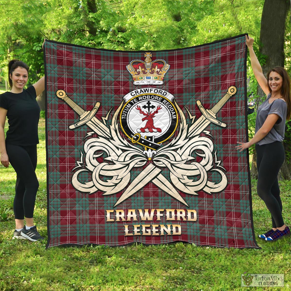Tartan Vibes Clothing Crawford Modern Tartan Quilt with Clan Crest and the Golden Sword of Courageous Legacy