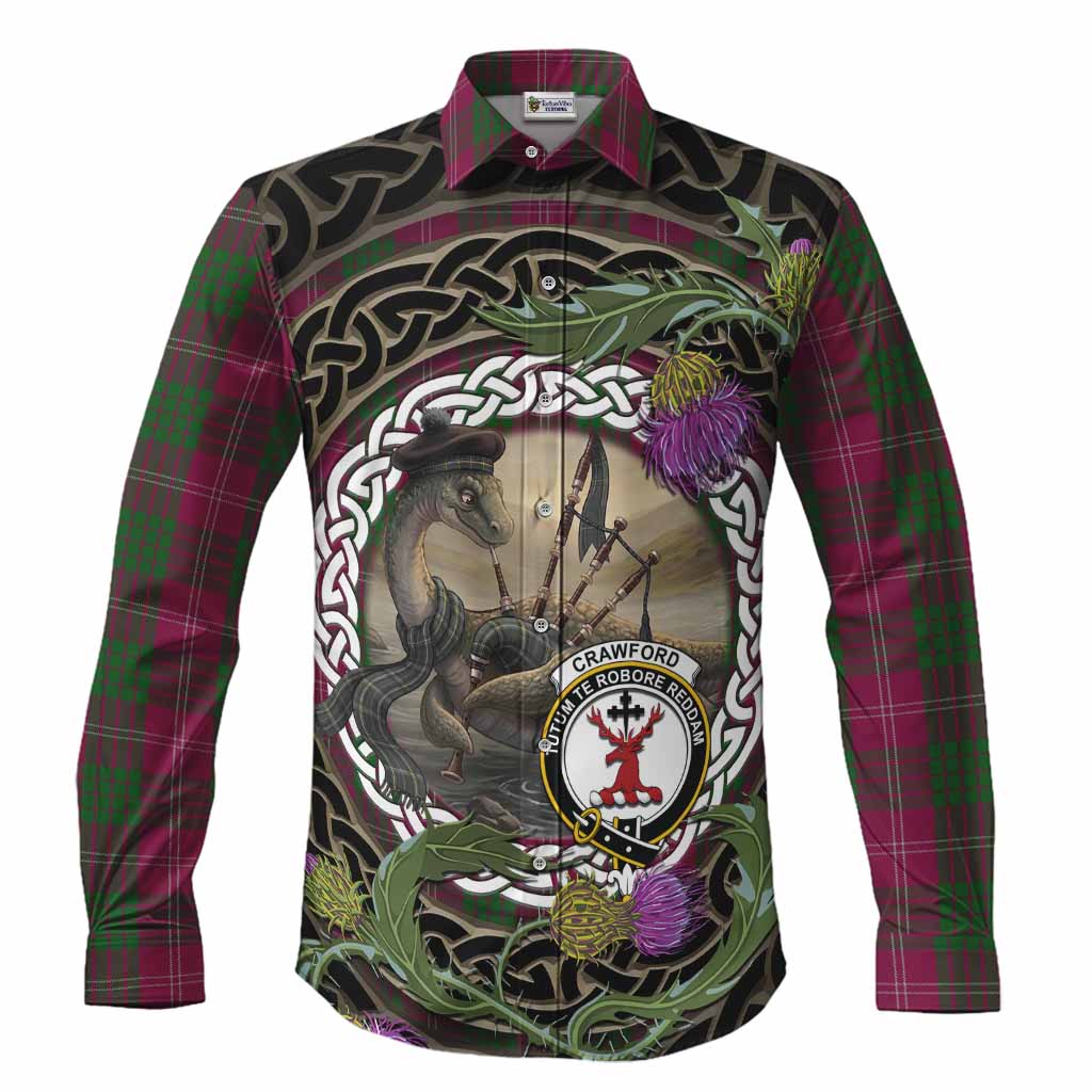 Crawford Tartan Crest Bagpipe Nessie Long Sleeve Button Shirts Scottish Loch Ness Monster Celtic Thistle