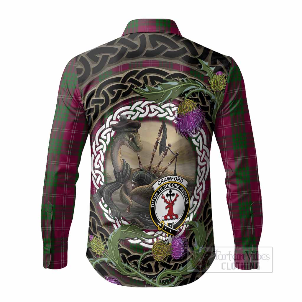 Crawford Tartan Crest Bagpipe Nessie Long Sleeve Button Shirts Scottish Loch Ness Monster Celtic Thistle