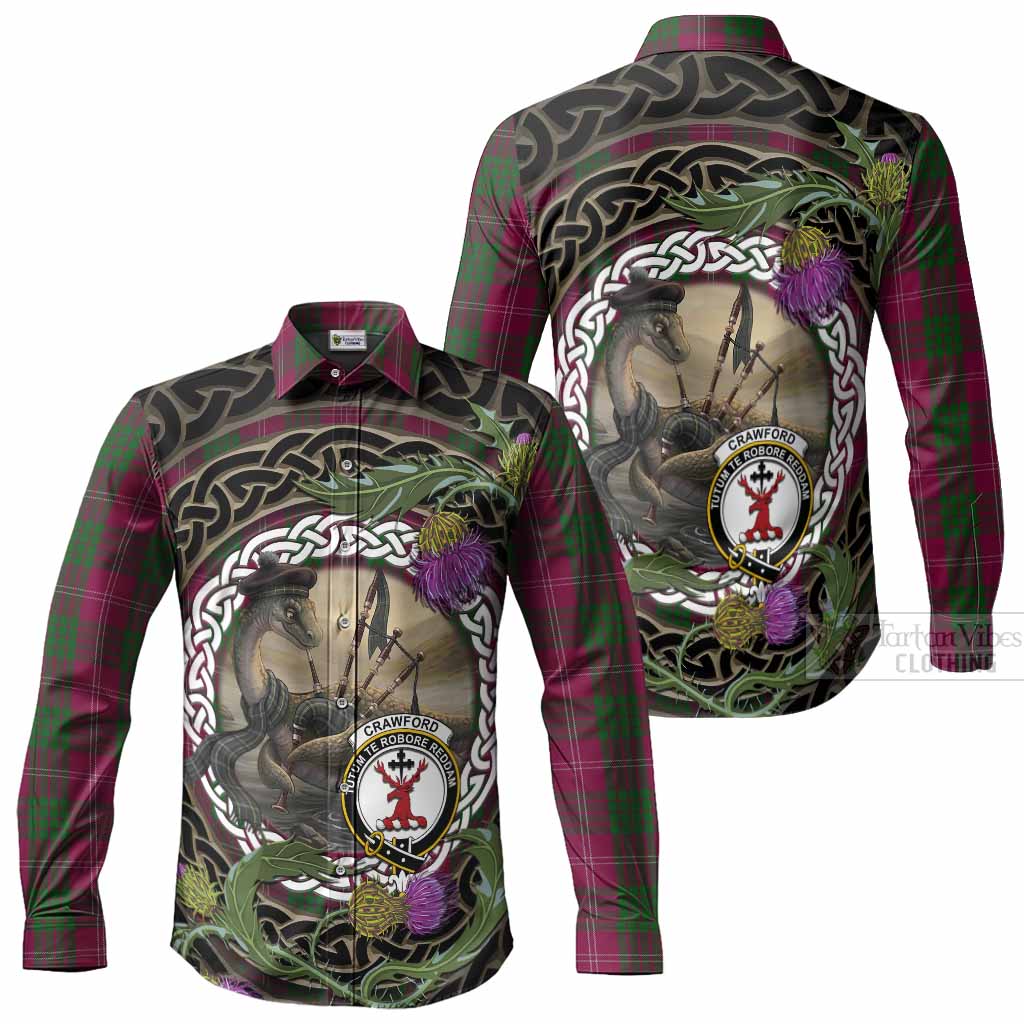 Crawford Tartan Crest Bagpipe Nessie Long Sleeve Button Shirts Scottish Loch Ness Monster Celtic Thistle