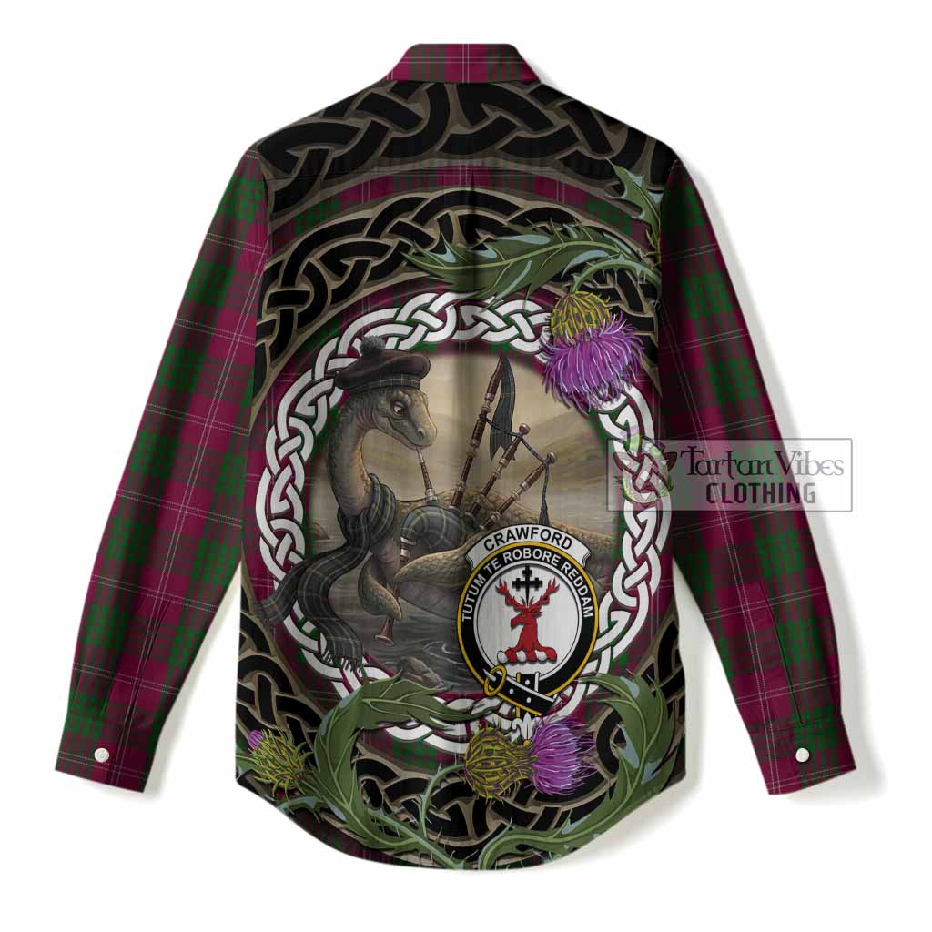 Crawford Tartan Crest Bagpipe Nessie Women Casual Shirt Scottish Loch Ness Monster Celtic Thistle