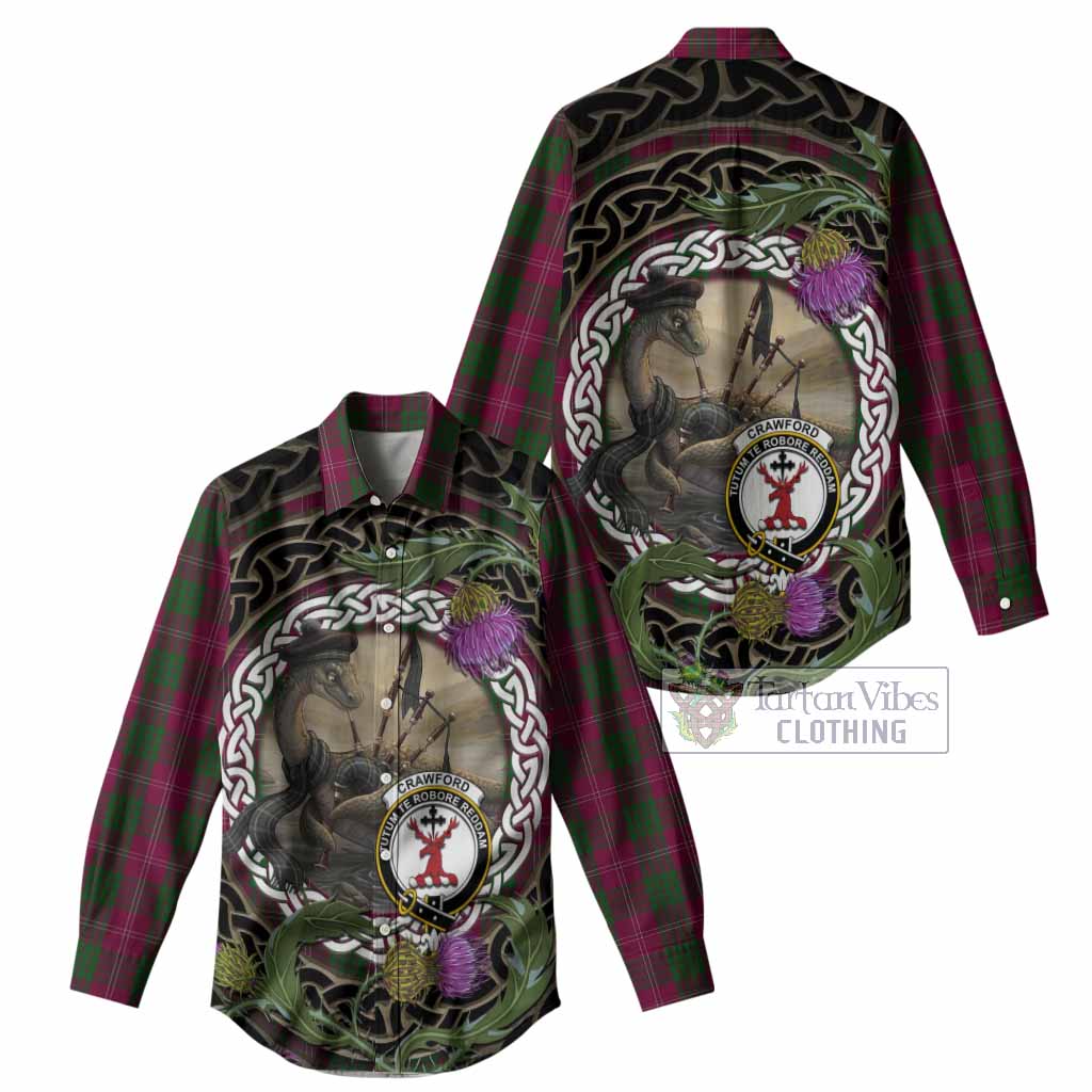 Crawford Tartan Crest Bagpipe Nessie Women Casual Shirt Scottish Loch Ness Monster Celtic Thistle