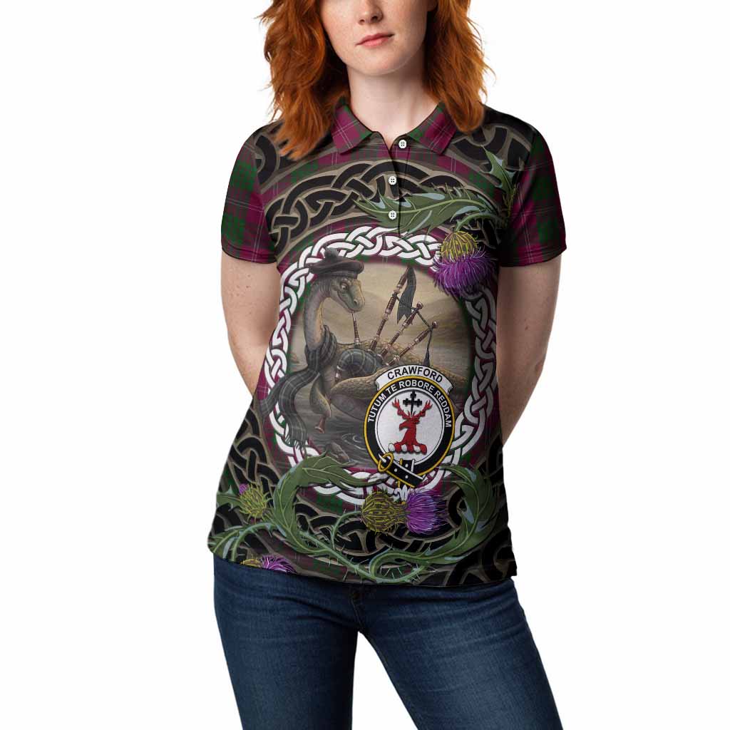 Crawford Tartan Crest Bagpipe Nessie Women Polo Shirt Scottish Loch Ness Monster Celtic Thistle