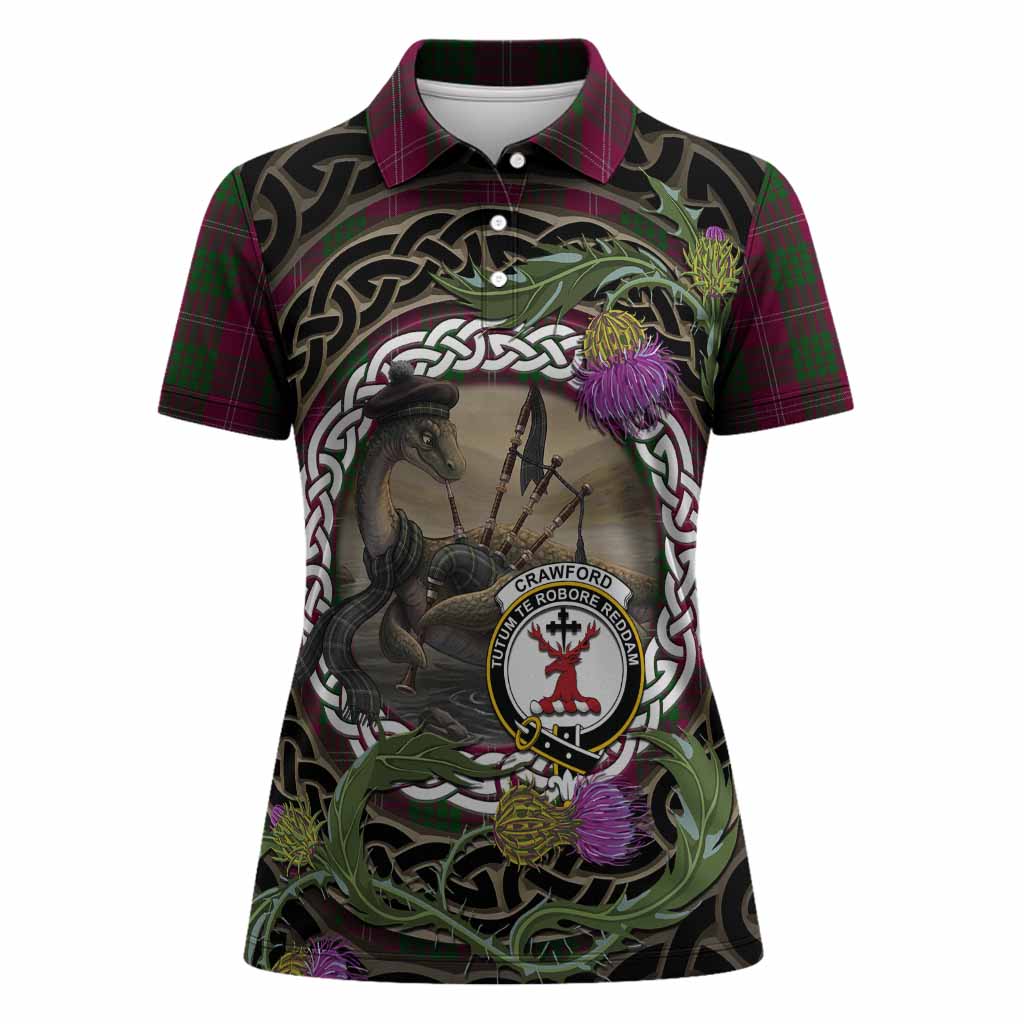 Crawford Tartan Crest Bagpipe Nessie Women Polo Shirt Scottish Loch Ness Monster Celtic Thistle