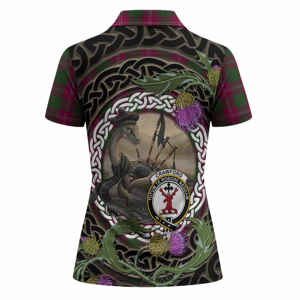 Crawford Tartan Crest Bagpipe Nessie Women Polo Shirt Scottish Loch Ness Monster Celtic Thistle