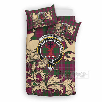 Crawford Tartan Crest Bedding Set with Scottish Iconic Symbols 