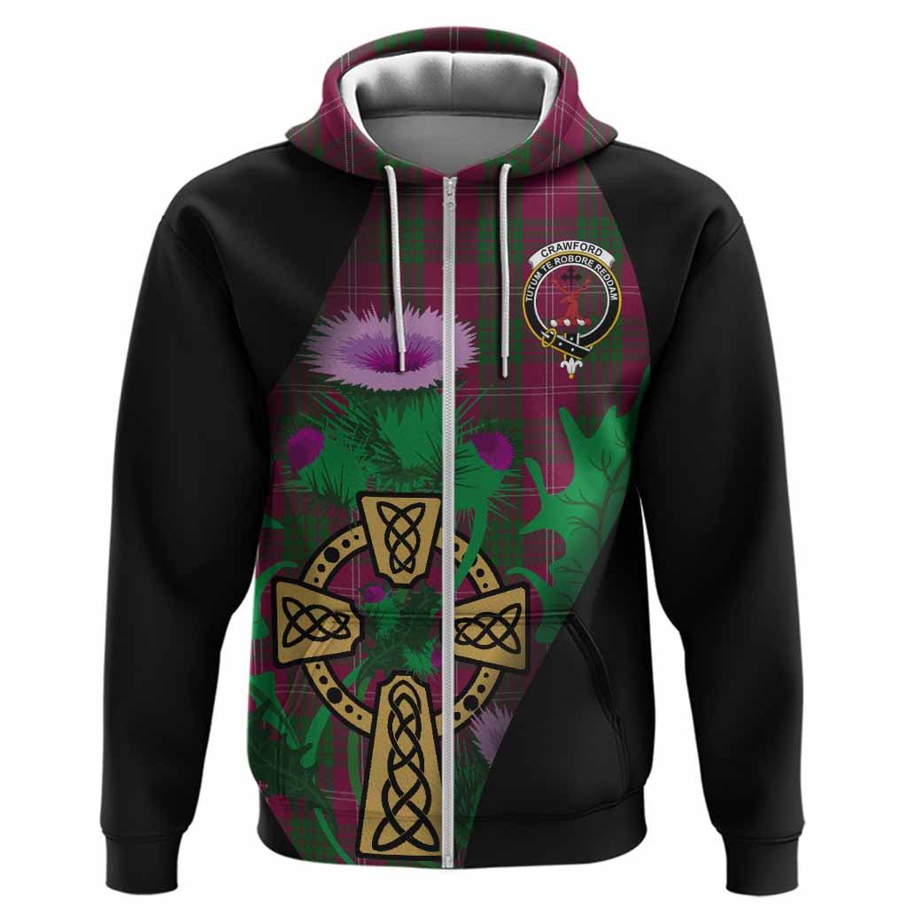 Crawford Tartan Crest Hoodie Celtic Cross Thistle Flowers