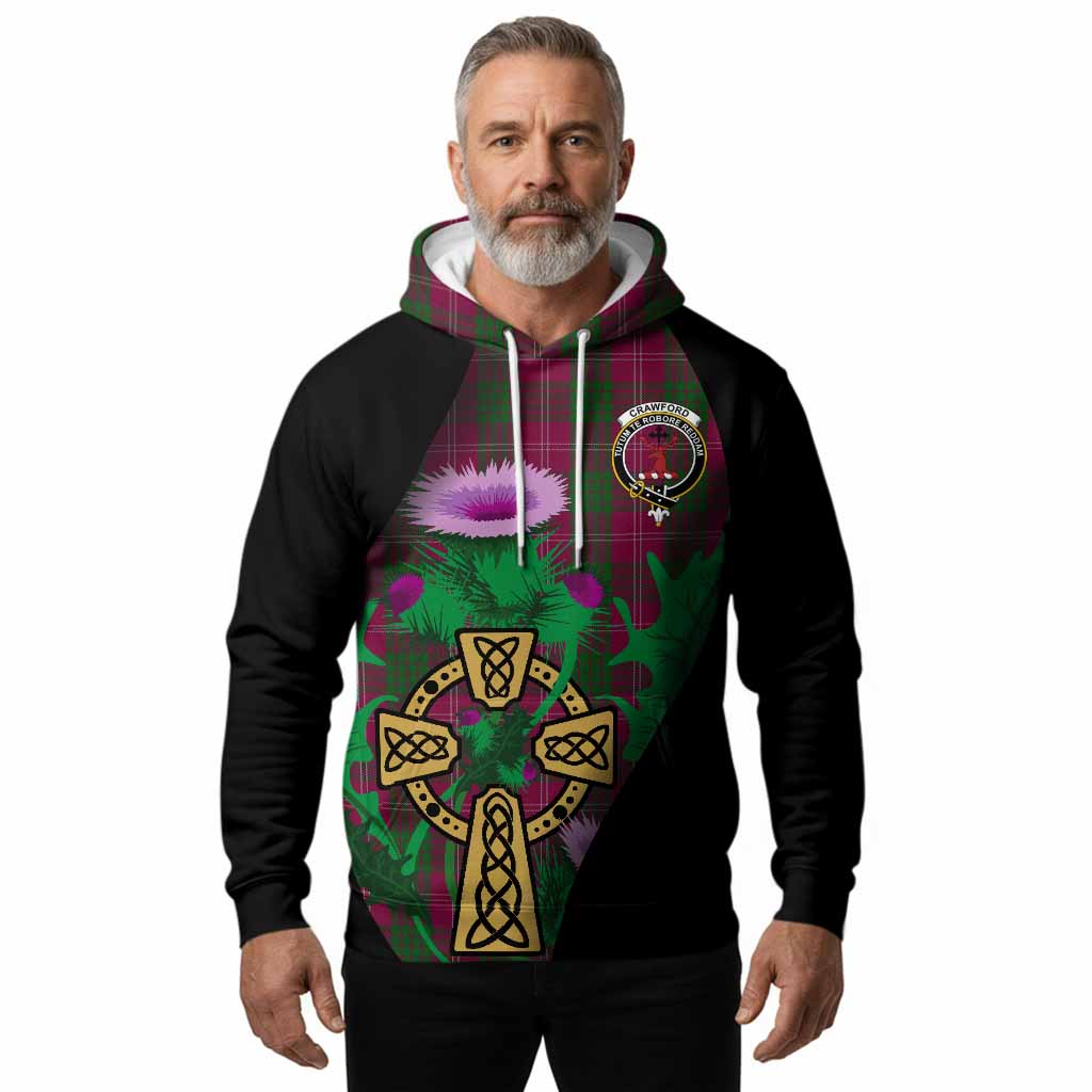 Crawford Tartan Crest Hoodie Celtic Cross Thistle Flowers