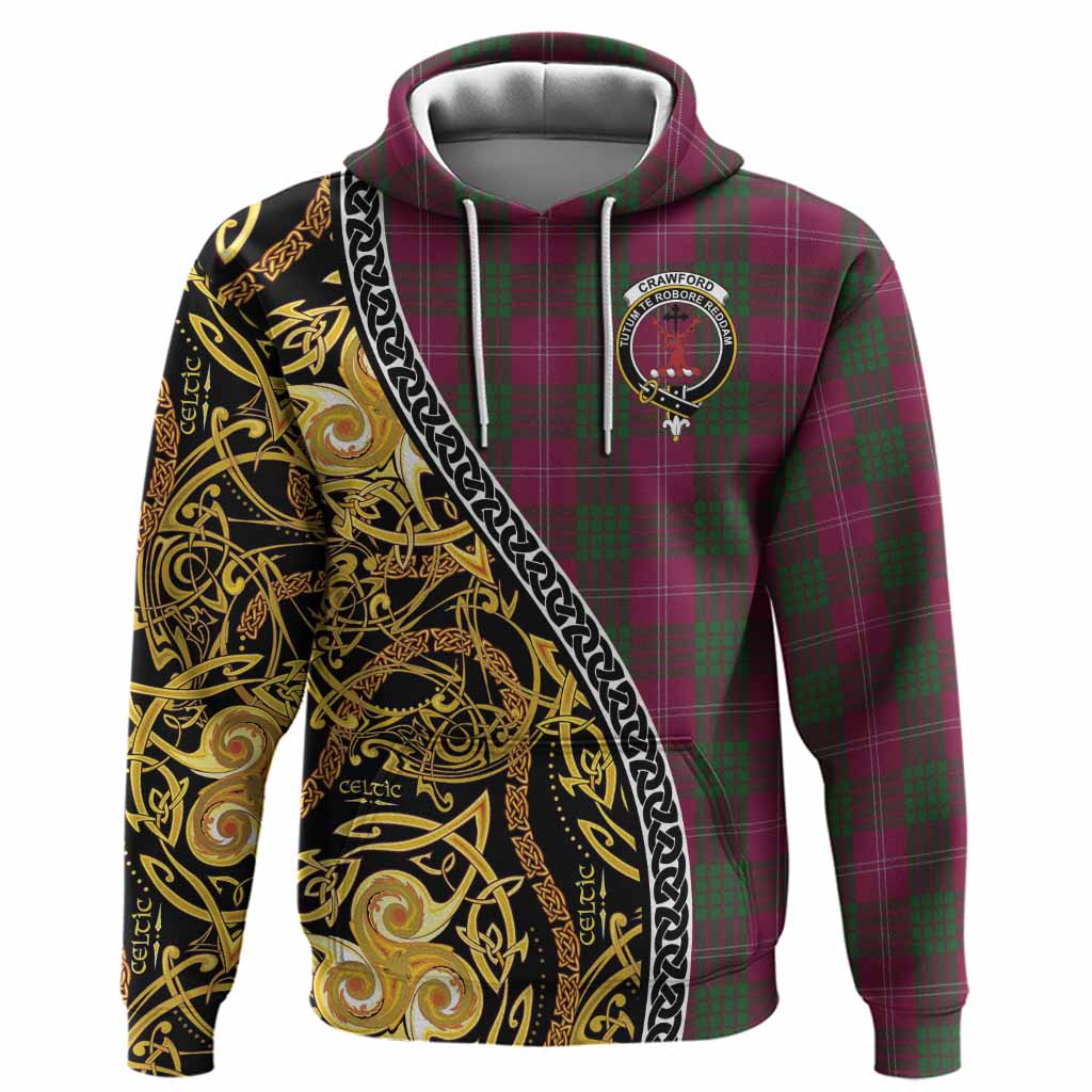 Crawford Tartan Crest Hoodie Celtic Knot and Triple Trickle Spiral Symbols