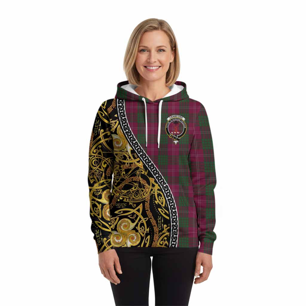 Crawford Tartan Crest Hoodie Celtic Knot and Triple Trickle Spiral Symbols