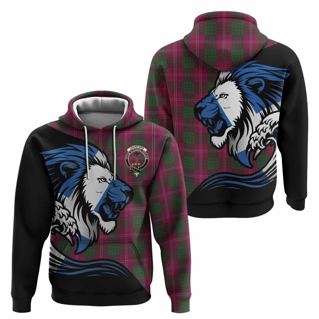Crawford Tartan Crest Hoodie Scottish Golden Lions Wave Flow