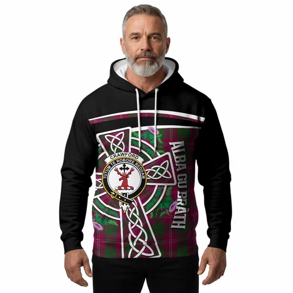 Crawford Tartan Crest Hoodie Scottish Thistle Celtic Cross Alba Gu Brath
