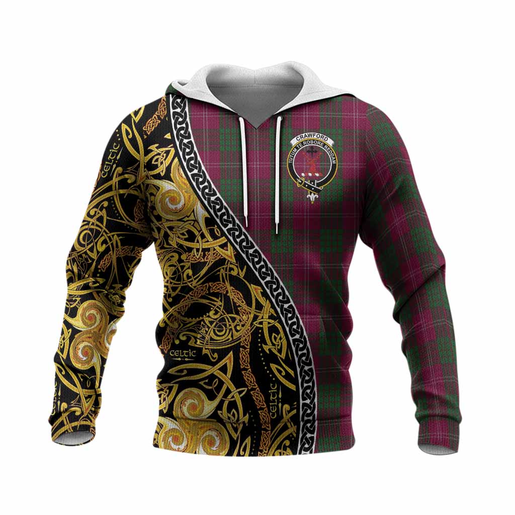 Crawford Tartan Crest Knitted Hoodie Celtic Knot and Triple Trickle Spiral Symbols