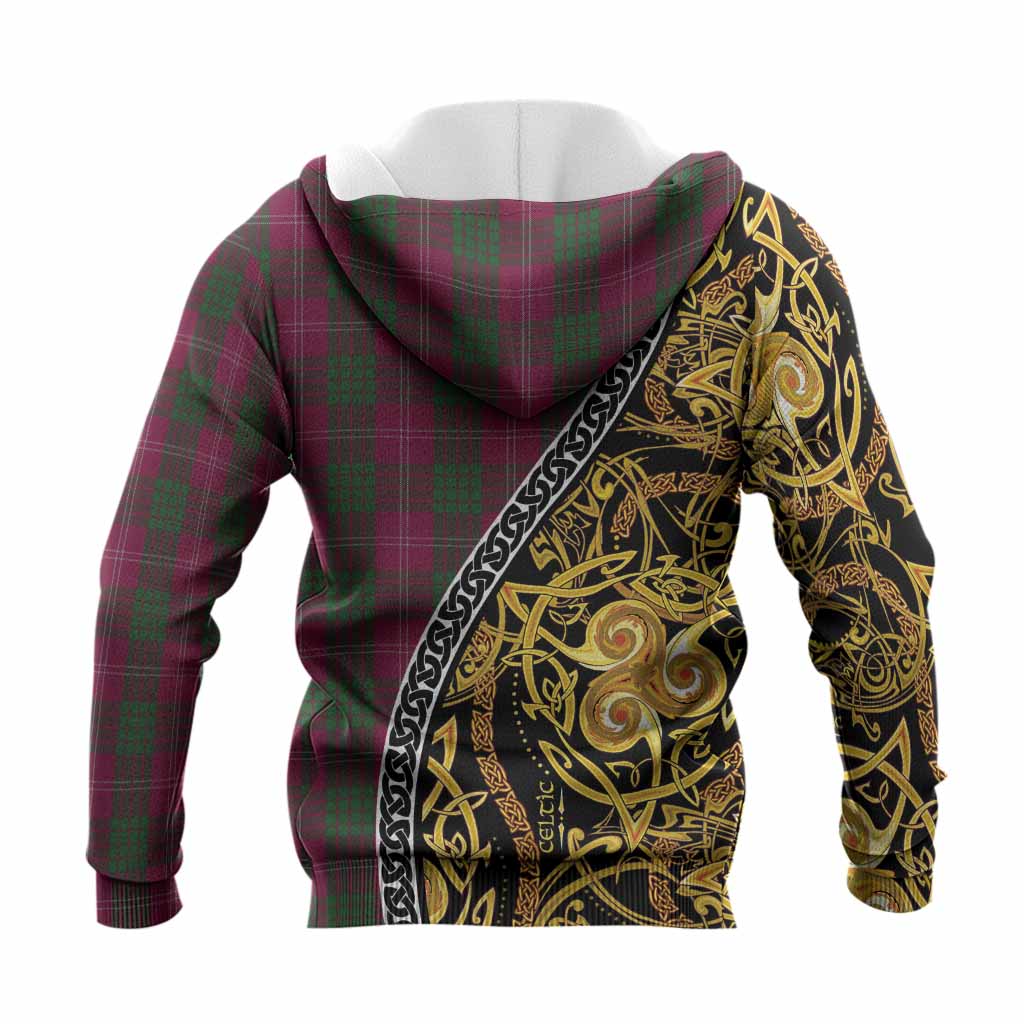 Crawford Tartan Crest Knitted Hoodie Celtic Knot and Triple Trickle Spiral Symbols