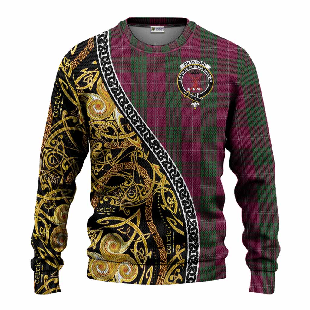 Crawford Tartan Crest Knitted Sweater Celtic Knot and Triple Trickle Spiral Symbols