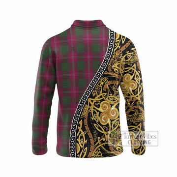 Crawford Tartan Crest Long Sleeve Polo Shirt Celtic Knot and Triple Trickle Spiral Symbols