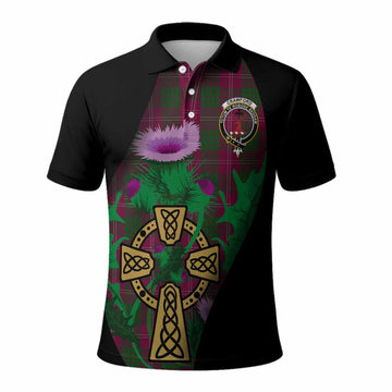 Crawford Tartan Crest Polo Shirt Celtic Cross Thistle Flowers
